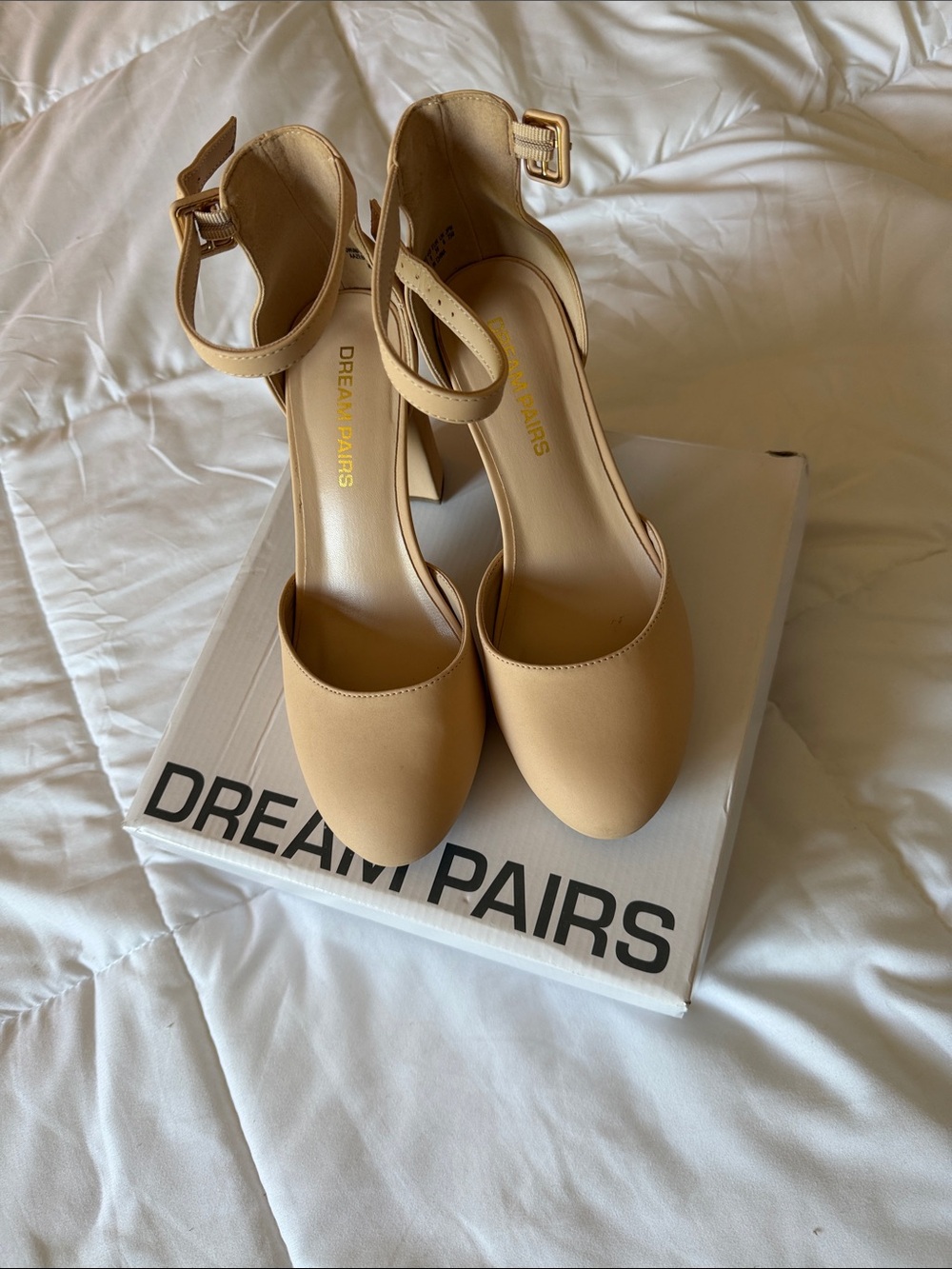 Dream Pairs Beige Ankle Strap Block Heels